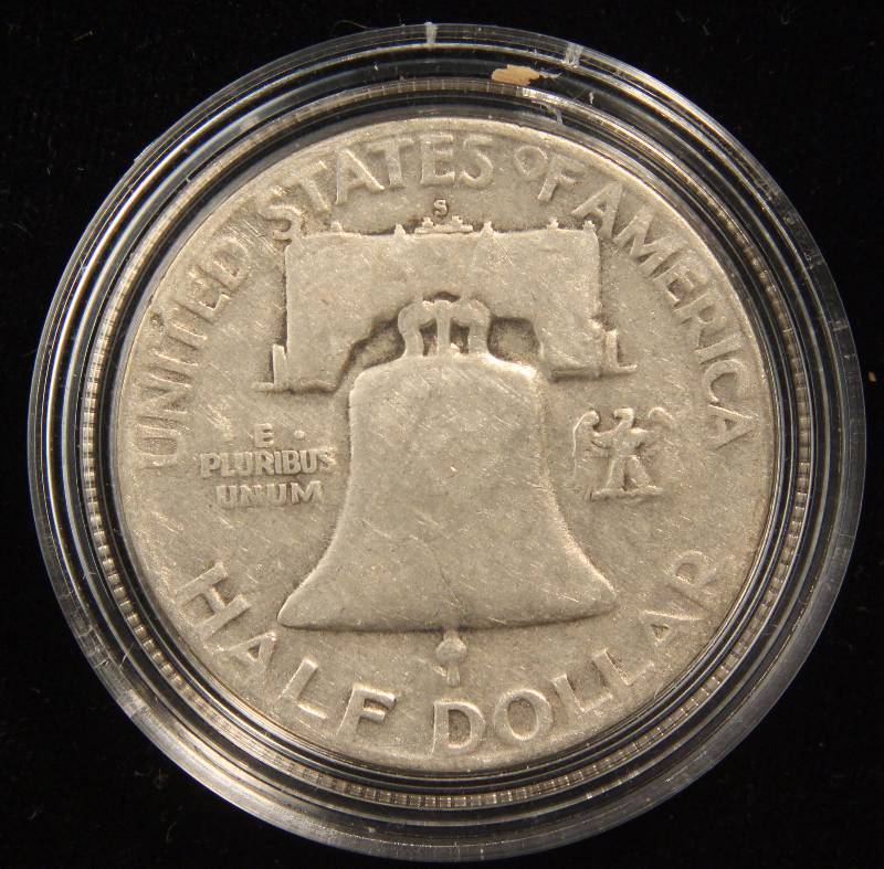 lot 50 image: 1952-S FRANKLIN SILVER HALF DOLLAR IN AIRTITE HOLDER