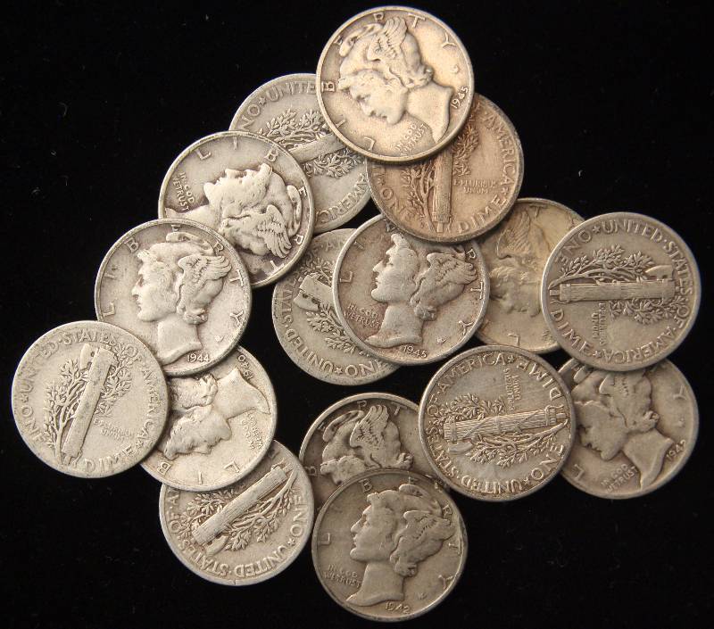 lot 72 image: 16 MERCURY SILVER DIMES MIXED DATES FINE-AU