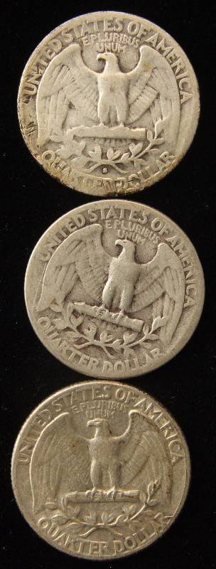 lot 80 image: 3 SILVER WASHINGTON QUARTERS 1941-S, 1943 & 1944