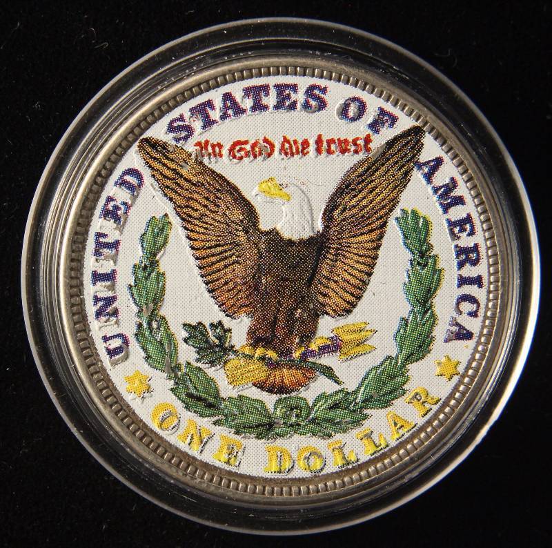 lot 54 image: 1921 MORGAN SILVER DOLLAR COLOR ENHANCED IN AIRTITE HOLDER