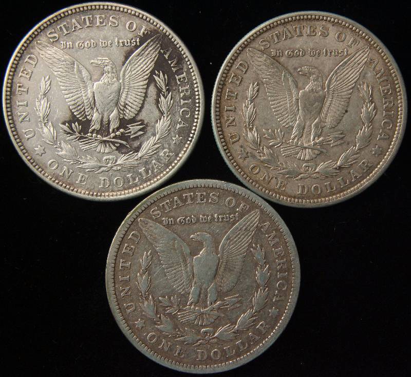 lot 79 image: 3 MORGAN SILVER DOLLARS FINE-XF