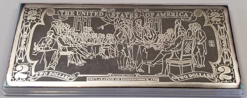 lot 41 image: 4 TROY OZ. .999 FINE SILVER $2 BILL DESIGN IN HARD PLASTIC CASE