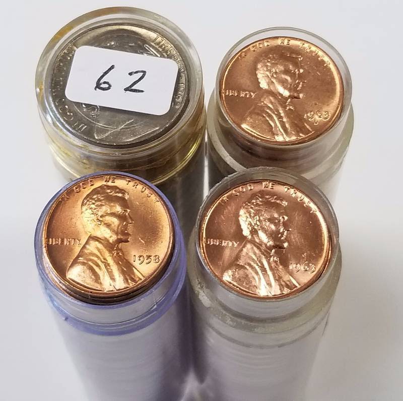 lot 84 image: 4 BU ROLLS 1958 WHEAT CENT, 1963 & 1963-D MEMORIAL CENTS & 1962 JEFFERSON APPROX 190 COINS