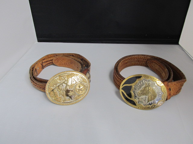 lot 36 image: 2 Vintage Mens Western Style Belts wHand Crafted Large Buckles