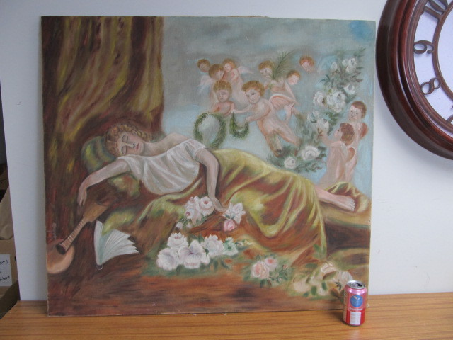 lot 43 image: Large Antique Victorian Folk Art Painting on Canvas