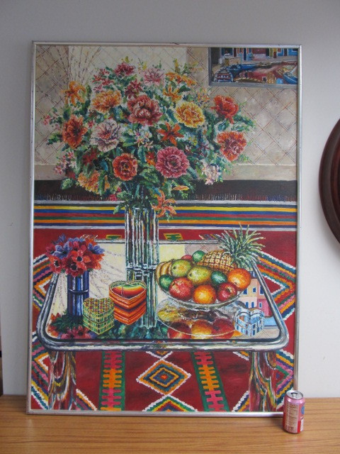 lot 45 image: LARGE Signed JOEL ROMAN Still Life Kitchen Scene Oil on Canvas Painting