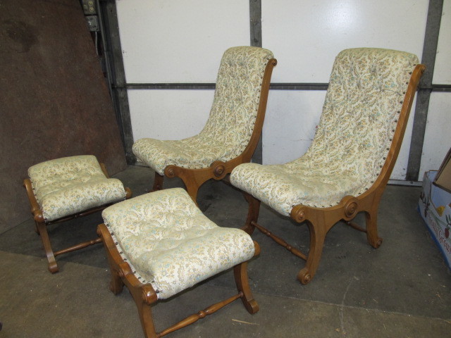 lot 121 image: PAIR of Vintage Curved & Upholstered LoungeParlor Chairs wFootrests 