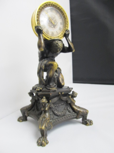 lot 2 image: Antique Signed E.F. Caldwell Figural Bronze Atlas Clock