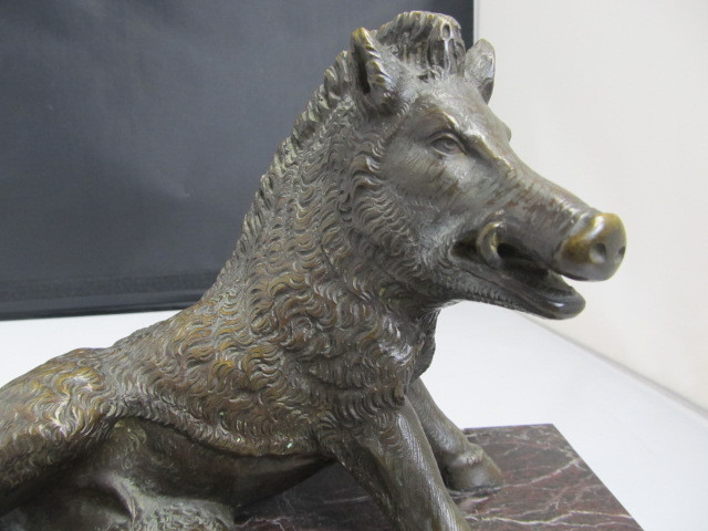 lot 13 image: Antique Bronze Seated Wild Boar Sculpture on Marble Plinth