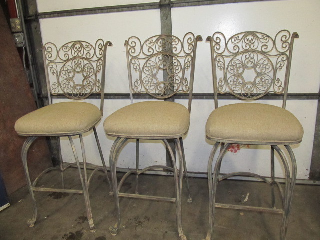 lot 73 image: NICE Set of 3 Heavy Ornate Iron Swivel Bar Stools