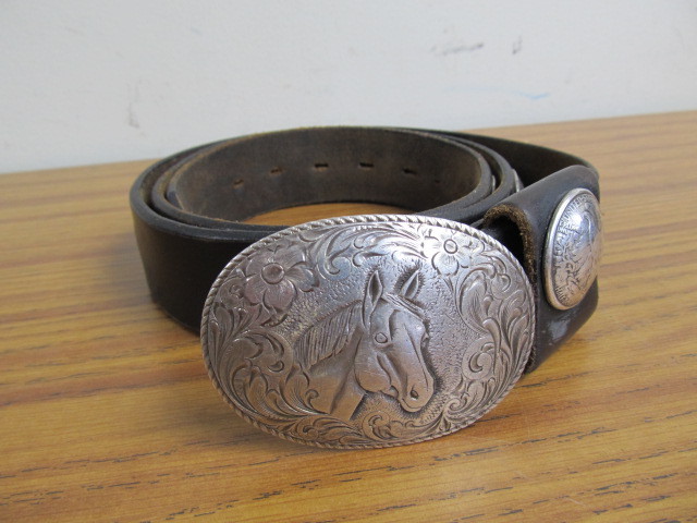 lot 81 image: Vintage Western Style Mens Leather Concho Belt wSterling Crumrine Buckle.