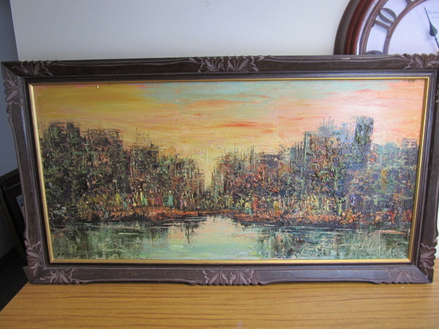 lot 76 image: LARGE Mid Century Heavily Textured ShorelineSkyline Oil on Canvas Painting