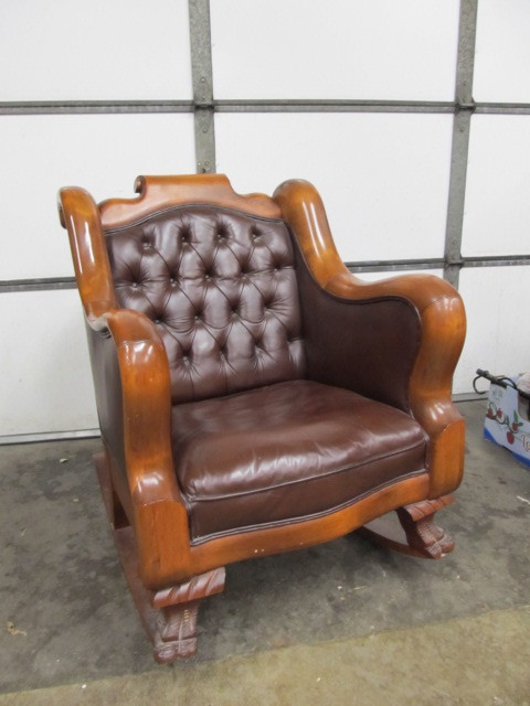 lot 29 image: LARGE Vintage Tufted Leather Claw Foot ROCKING Club Chair