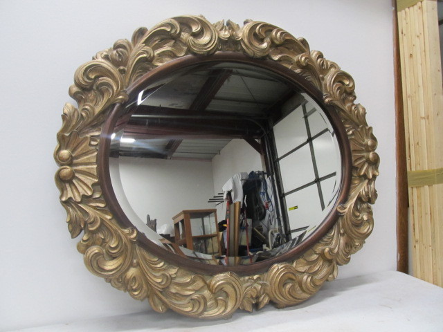 lot 146 image: LARGE Oval Beveled Glass Mirror with Sculptured Gold Frame