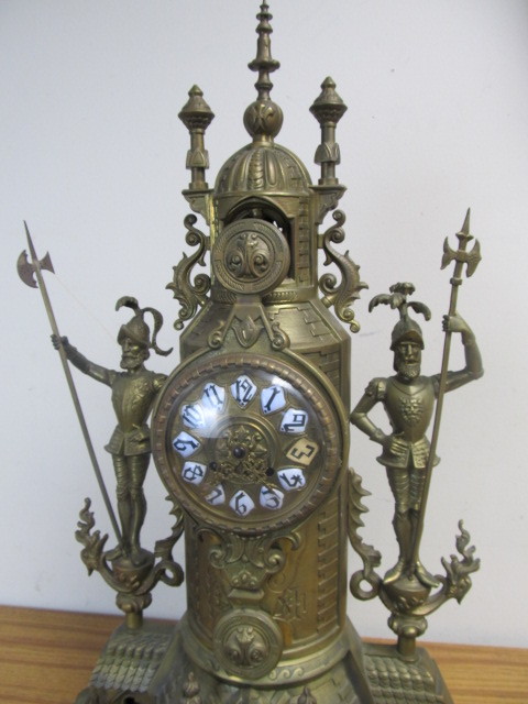 lot 6 image: Monumental Antique 19th Century Brass Medieval Style Castle Clock