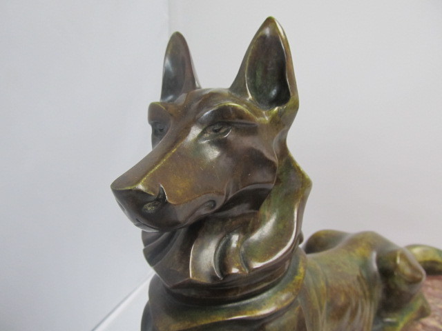 lot 7 image: 1920s Deco Bronze Signed PETRILLY German Shepherd Dog Sculpture on Marble Base