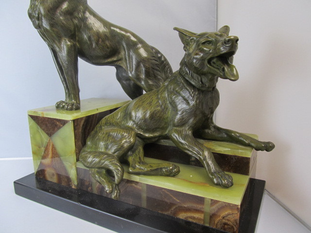 lot 9 image: Louis Albert Carvin (1875-1951) LARGE Bronze German Shepherds on Marble Stand