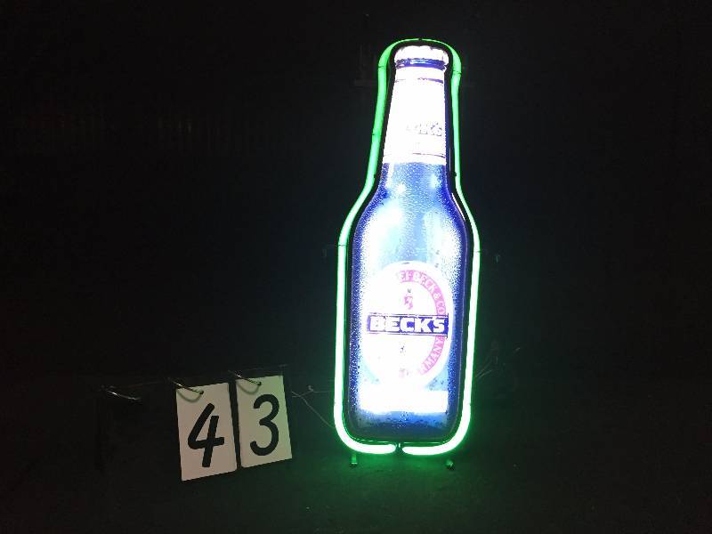 lot 43 image: Becks light up beer bottle with neon border tube