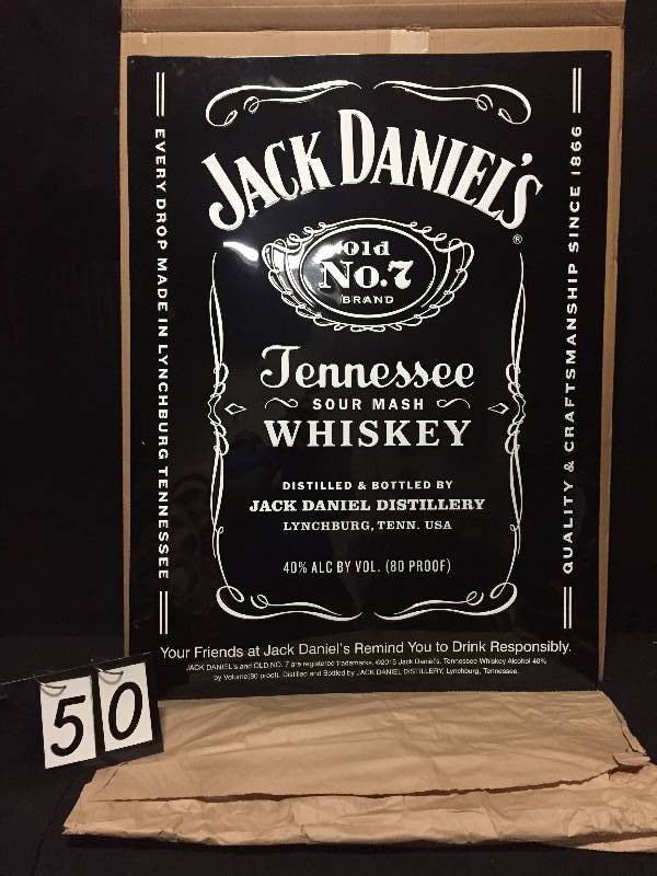 lot 50 image: Jack Daniels Tennessee Whiskey embossed tin sign