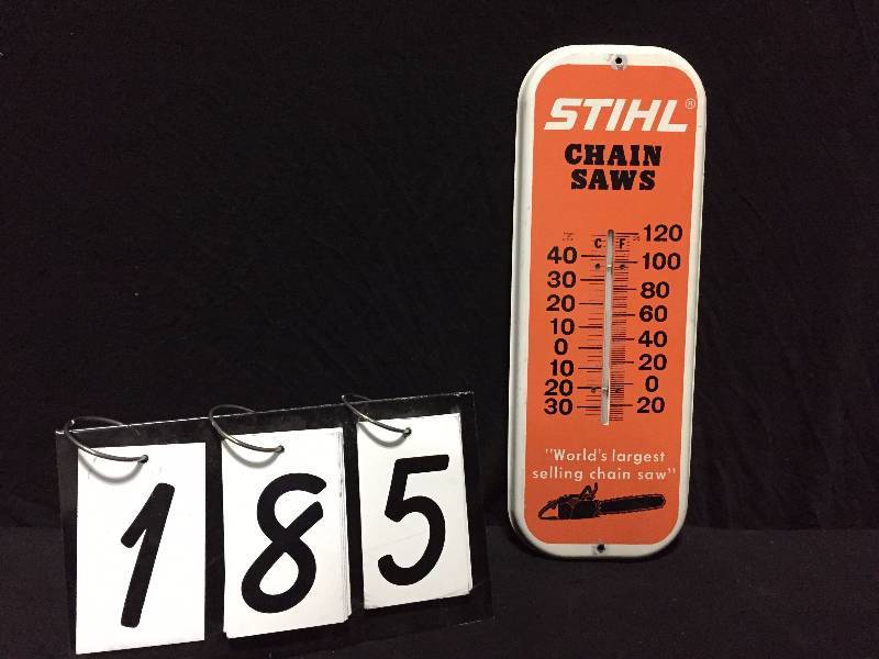 lot 185 image: Stihl Chainsaws stamped tin thermometer
