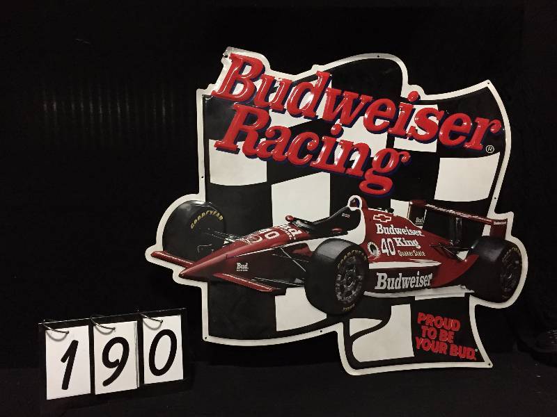 lot 190 image: Budweiser Racing Indy flag tin tacker