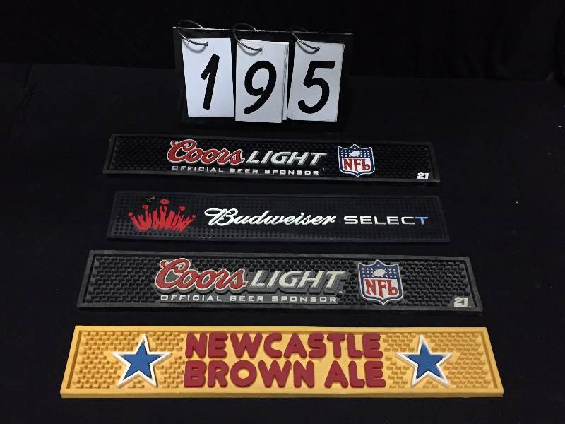 lot 195 image: Four bar mats Coors Light, Budweiser and Newcastle Brown Ale