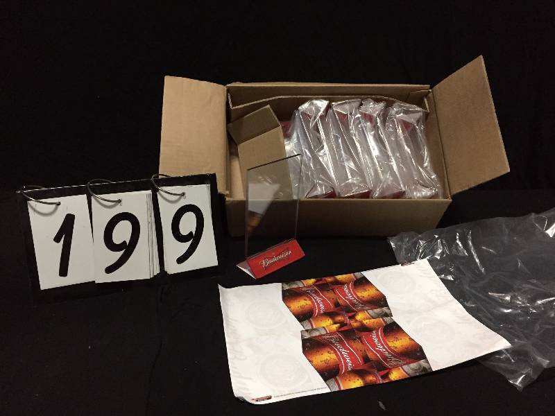 lot 199 image: Box of Budweiser acrylic table toppers  tents