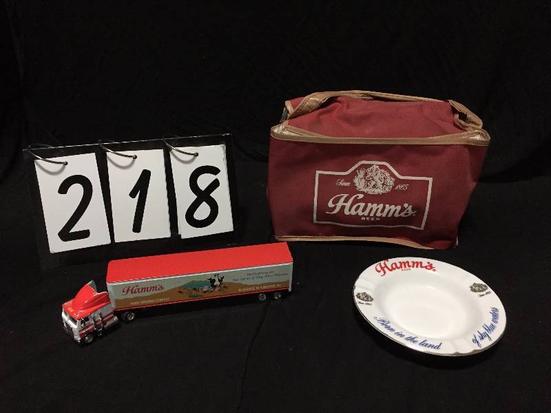 lot 218 image: Hamms Beer 164 Kentworth die cast tractor trailer, ashtray and 6-pack cooler