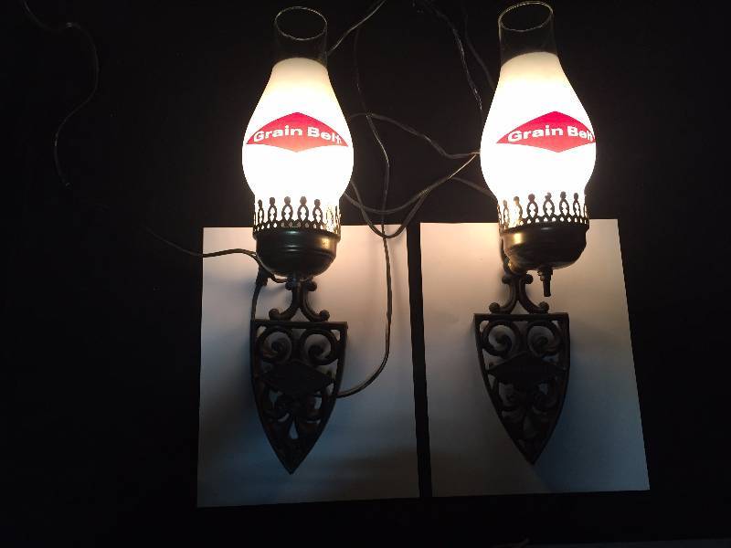 lot 243 image: Grain Belt Beer wrought iron and frosted glass sconces  wall lamps