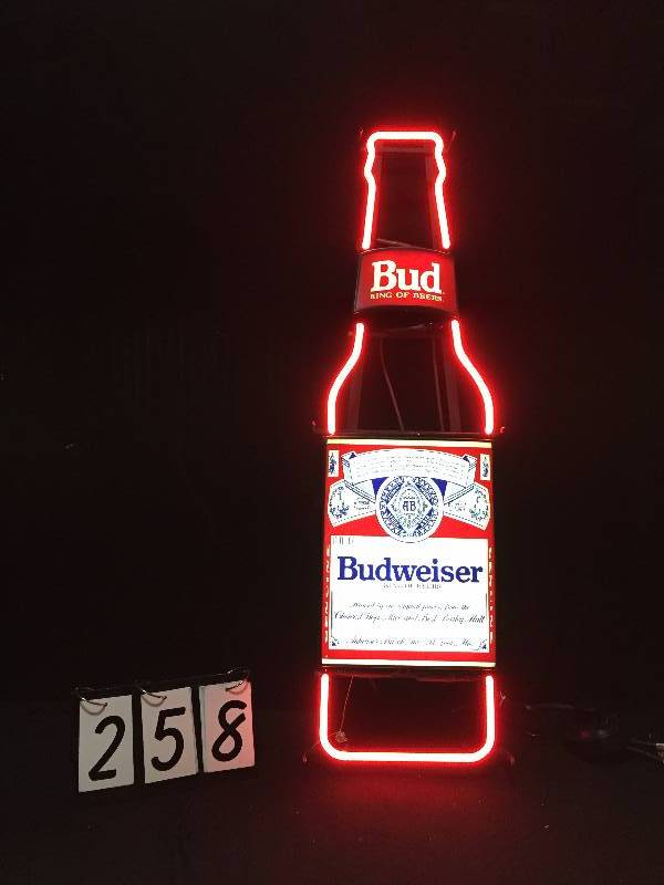 lot 258 image: Budweiser long neck bottle with neon border tube