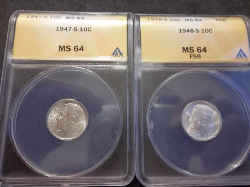 1947 S, 1948 S Roosevelt Dimes Graded MS64 In FSB Holders