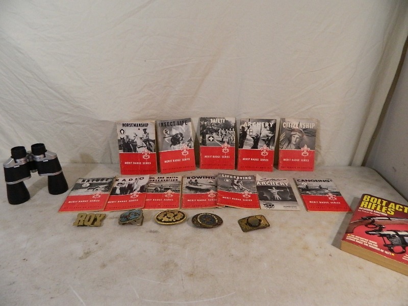 Binoculars, Rifle Book, Boy Scouts Manuals, and Belt Buckles