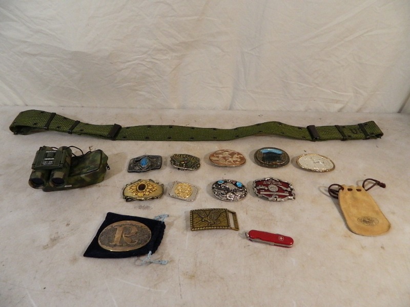Tasco Binoculars, Belt Buckles, Knife, More