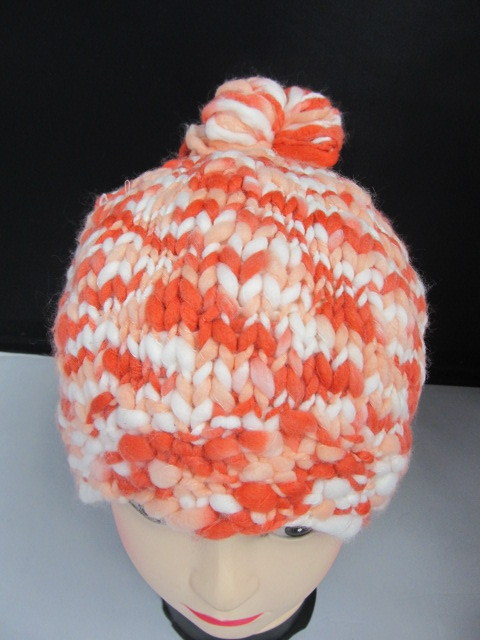 lot 56 image: Set of 3 Knit Womens Fashionable Winter Hats, redorangewhite, bluegreenblack, purplegreenpink