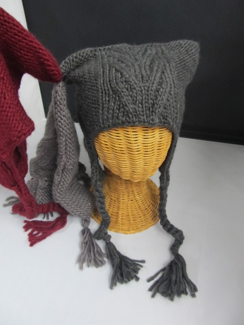 lot 57 image: Set of 3 Knit Patterned Womens Fashionable Kitty Ski Hat w Ear Flaps- light grey, dk grey, maroon