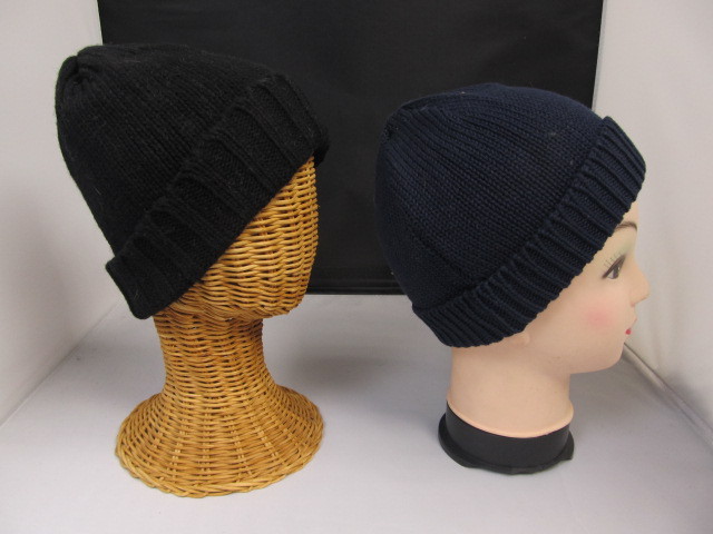 lot 72 image: 2 Knit Cuffed Winter Hats, Blue & Black