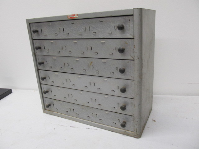 lot 129 image: vintage Industrial Brumberger 6 Drawer Metal Cabinet