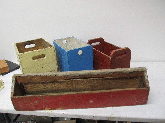 lot 139 image: Group of Vintage Wooden Crates & Tool Carrier
