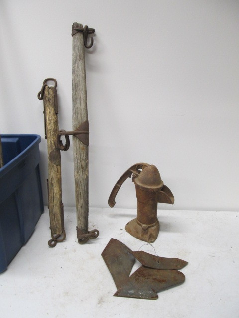 lot 149 image: Horse Yokes Plow Blades & Iron Pump