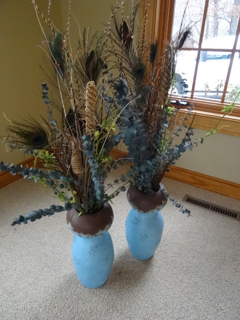 lot 11 image: 2 Blue Pottery Vases Florals 38 Tall