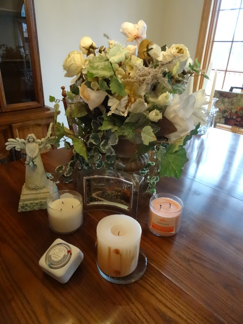 lot 77 image: Table Top Floral, Candles, Angel Figurine,