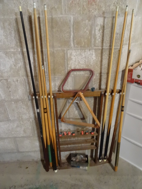 lot 205 image: Pool Cue Rack, Cues, Chalk,
