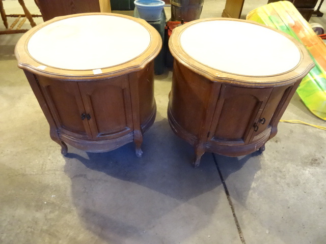 lot 277 image: Pair Of drum End Tables WMarble Top