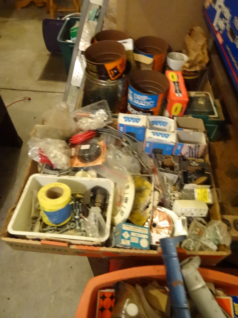 lot 316 image: 2 Bins Misc Hardware, 2 Caulking Guns