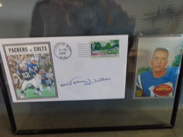 lot 1 image: Framed Johnny Unitas signed envelope and Refractor football card