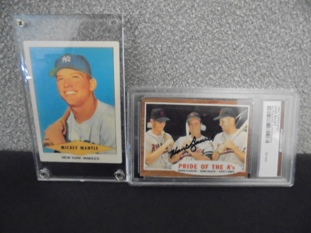lot 33 image: Autographed Hank Bauer card with a 1954 Mickey Mantle card
