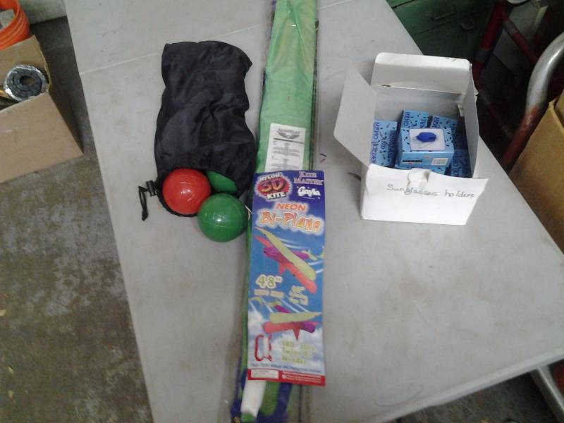 Bi-Plane Kite, Bocce Ball Set, Sunglasses Visor Clips