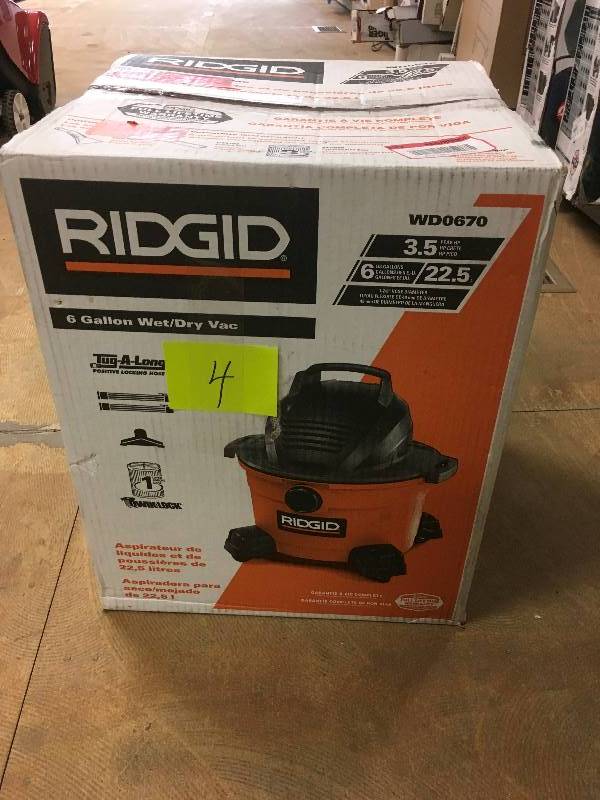 lot 4 image: Ridgid 6 Gallon WeDry Vac. - Open Box