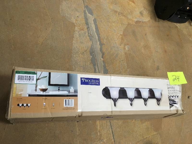 lot 24 image: Progress Lighting Alabaster glass Collection 4-Light Antique Bronze Vanity Light - Open Box