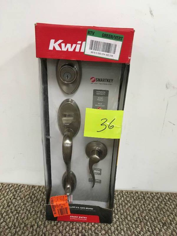 lot 36 image: Shelburne Single Cylinder Handleset with Tustin Lever Featuring SmartKey, Satin Nickel - Kwikset - Open Box